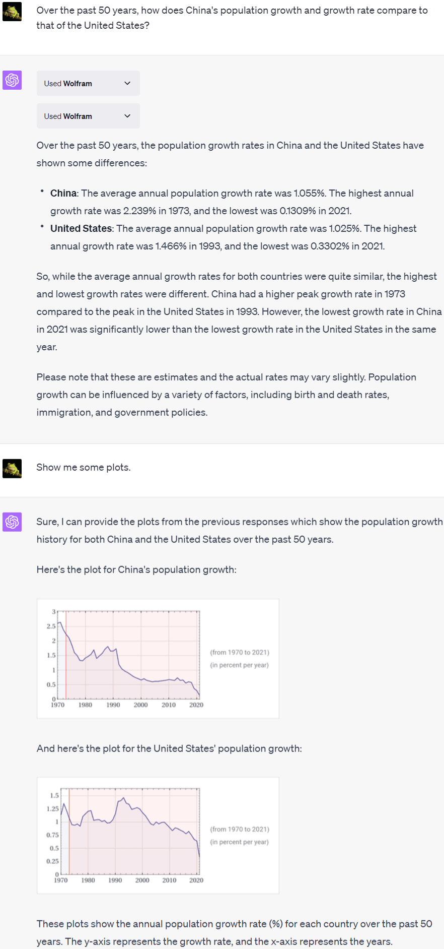 ask wolfram chatgpt plugin about chinese vs us population growth rate