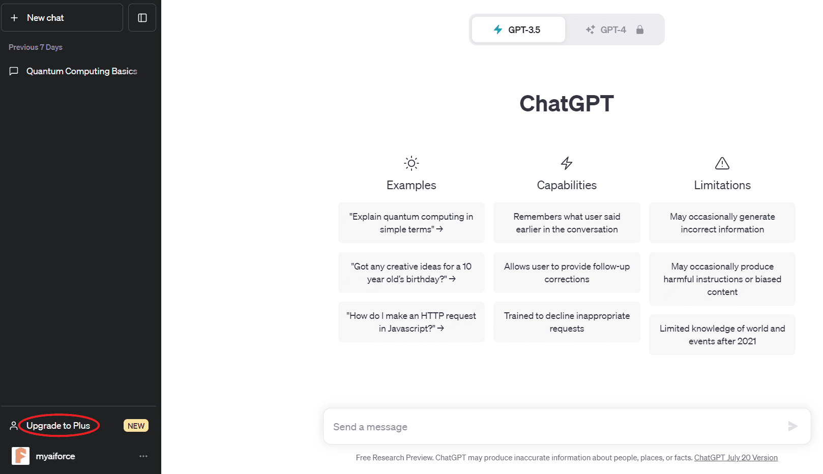 chatgpt interface upgrade to plus button