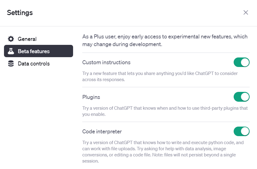 chatgpt plus setting beta feature