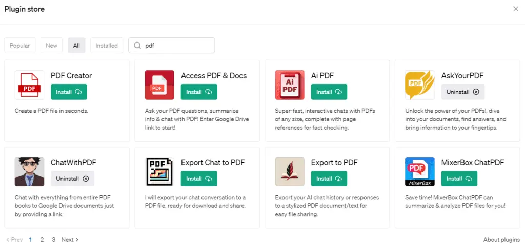 chatgpt plugin store search pdf