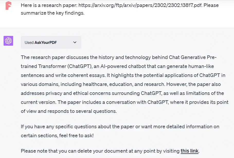 summarize research paper using askyourpdf chatgpt plugin by submitting url
