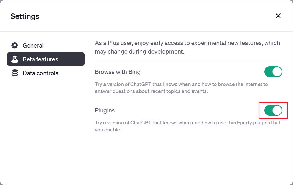 chatgpt plugin setting beta features