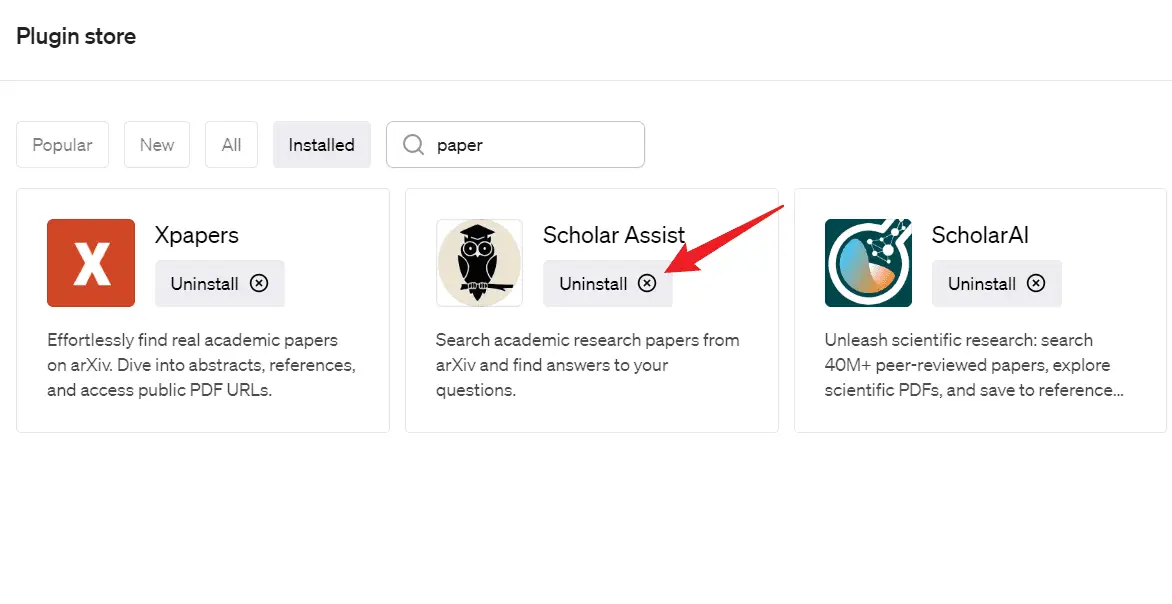 search keyword to uninstall chatgpt plugin in plugin store
