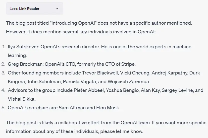 use link reader chatgpt plugin to find authors of introducing openai article