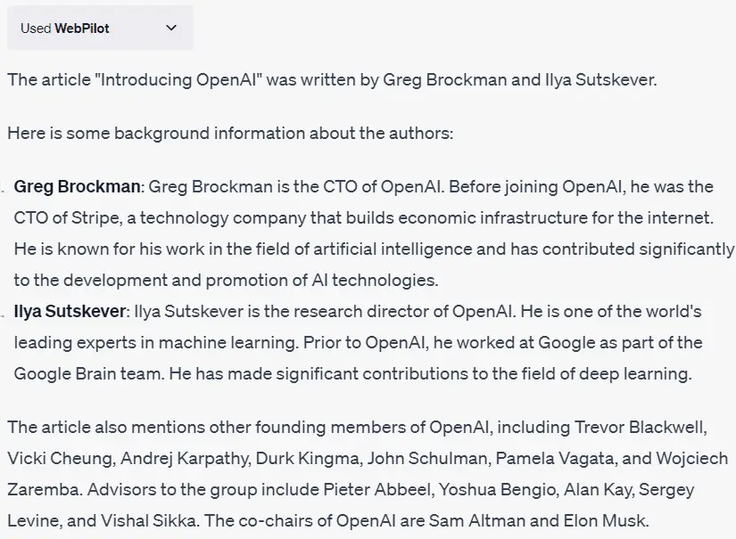 use webpilot chatgpt plugin to find author of introducing openai article