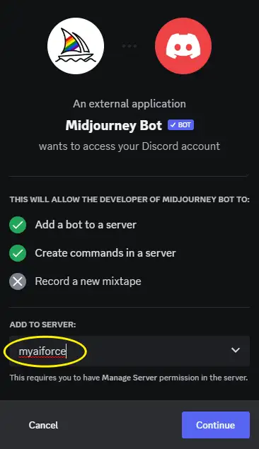 add midjourney bot to my server