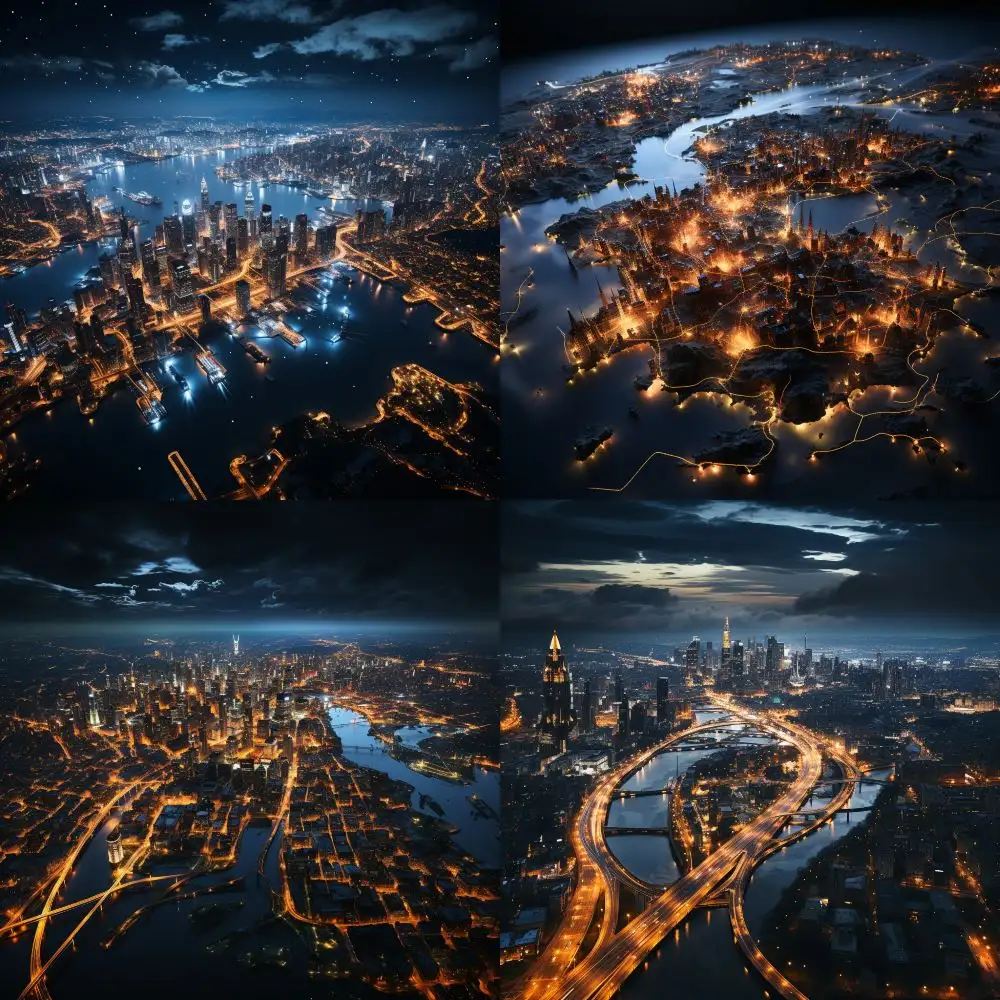 aerial view of night cities camera angle midjourney