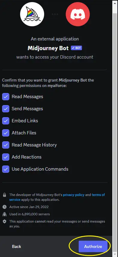 authorize midjourney bot for private server