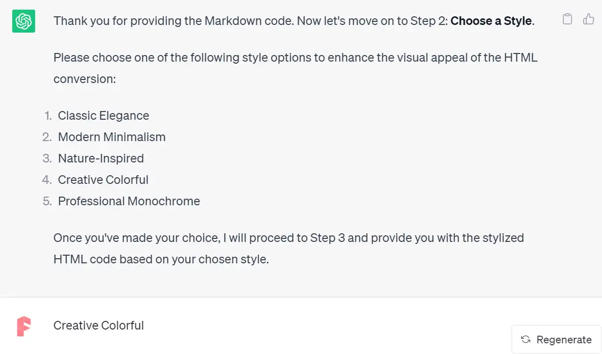 chatgpt ask for choosing styles for html conversion