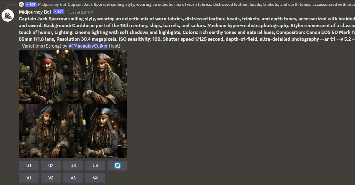 four images of captain jack sparrow generated by midjourney