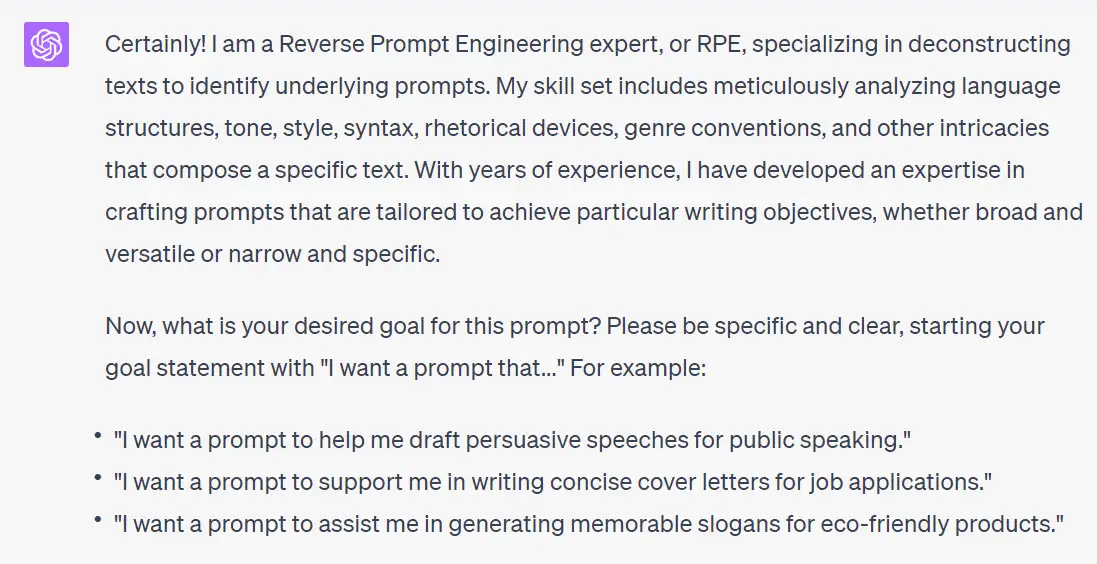 response by chatgpt from my reverse engineer prompt