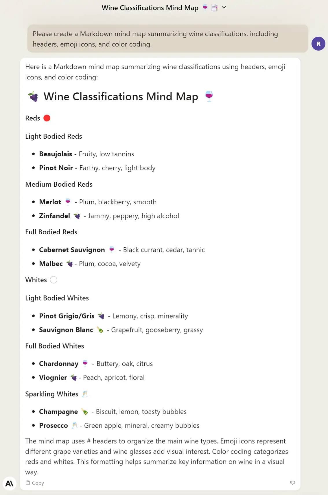 wine classifications summary markup js claude