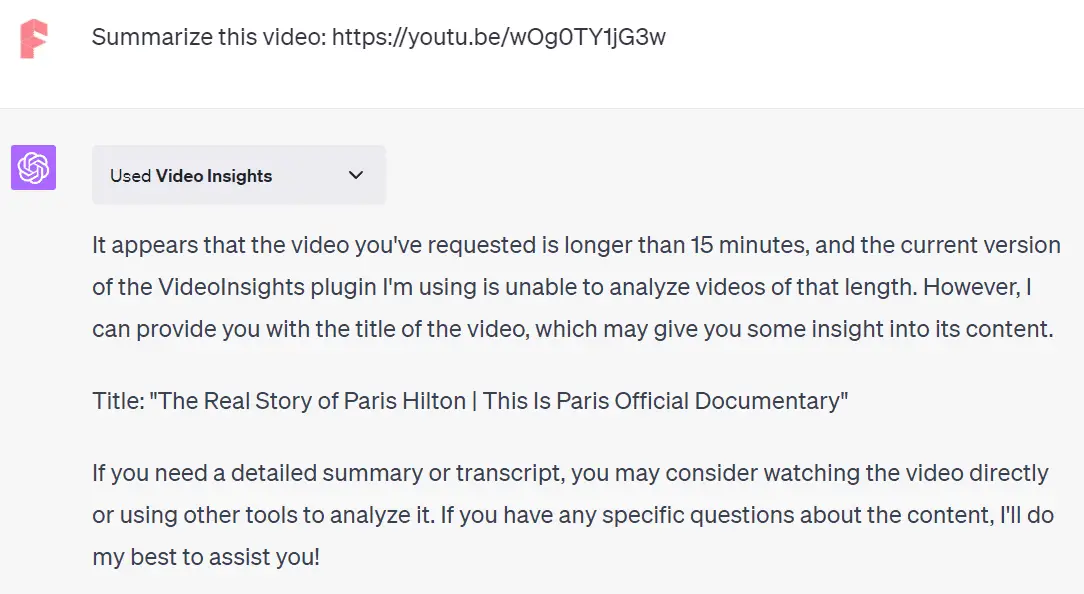 youtube summary by video insights chatgpt plugin