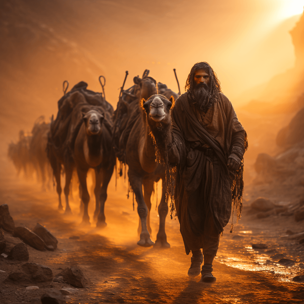 Desert nomad camel beside sunbeams by midjourney