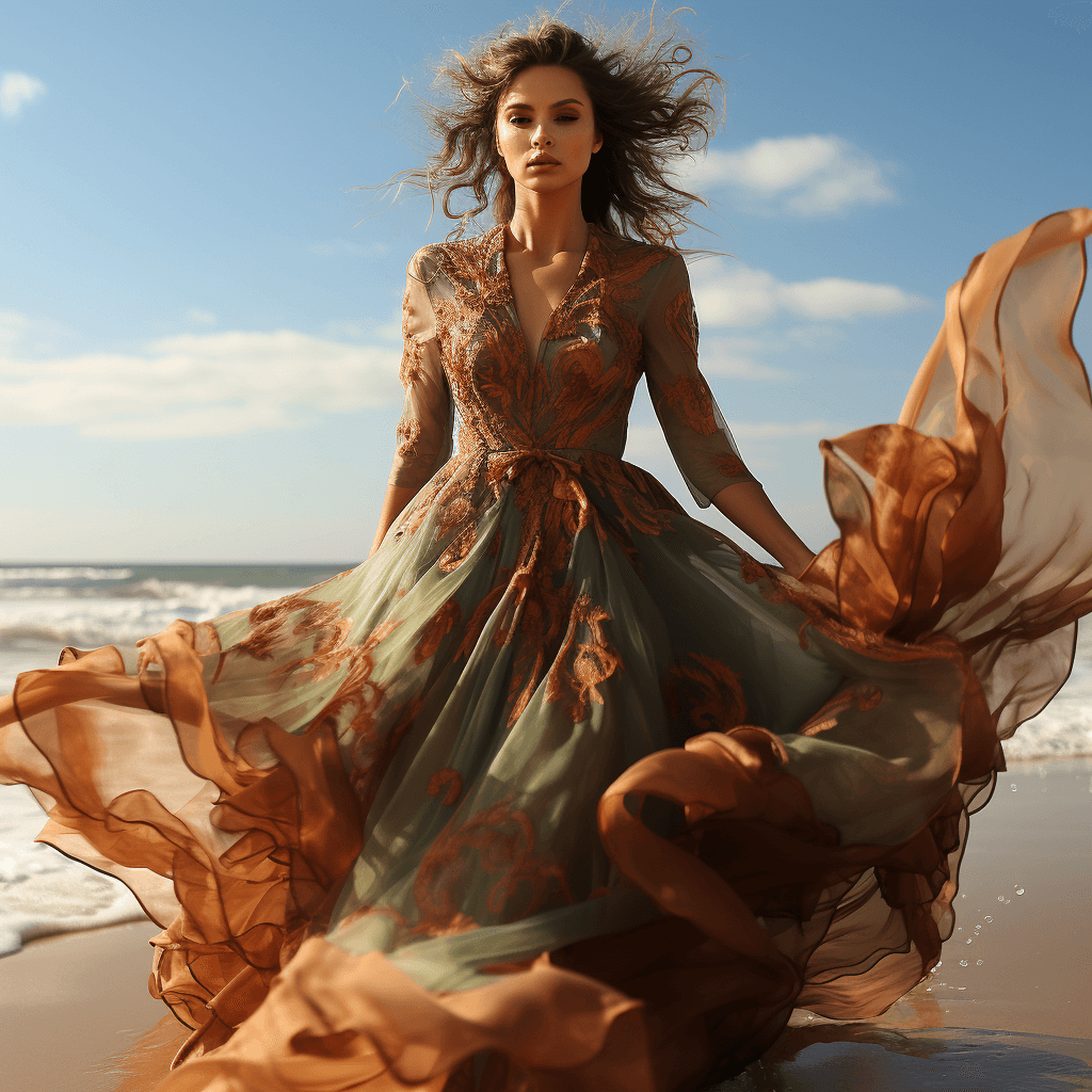 Supermodel in flowing gown on beach by midjourney