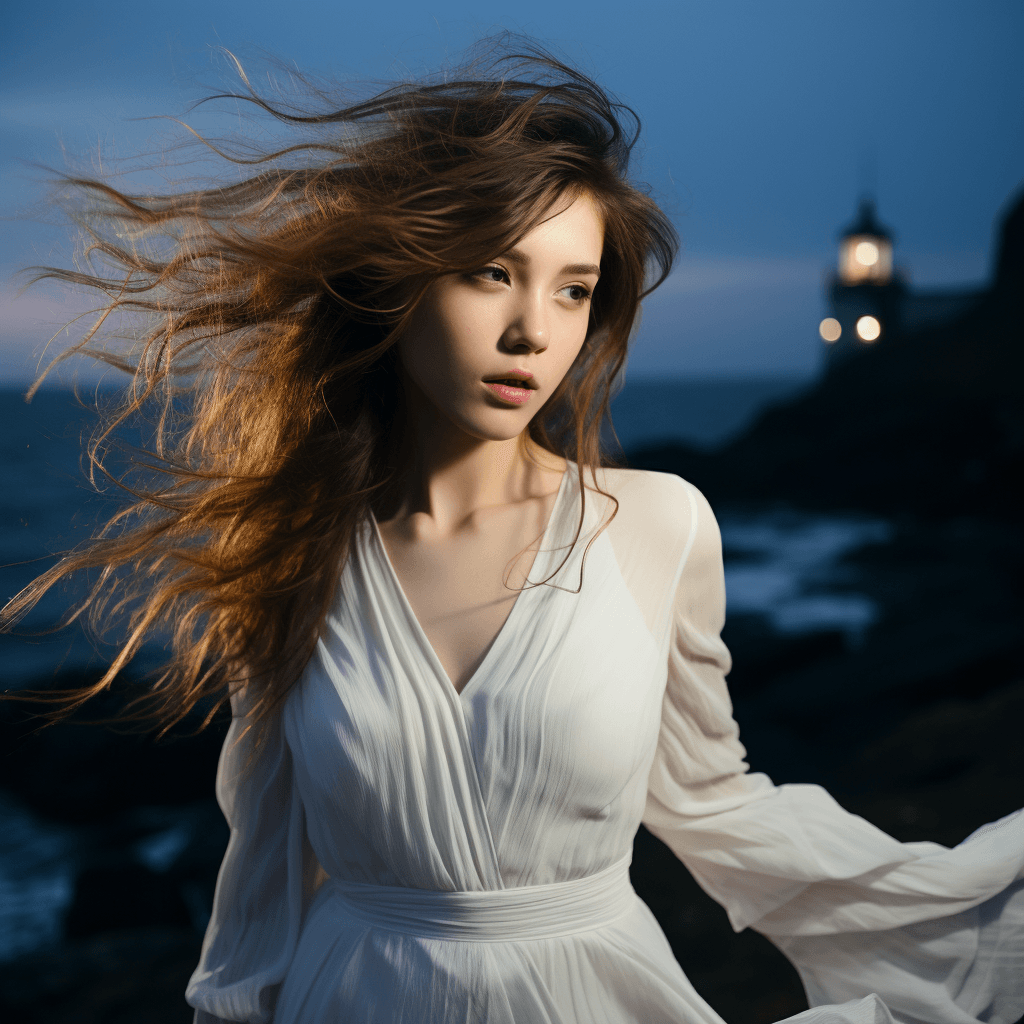 Young woman flowing white dress by midjourney