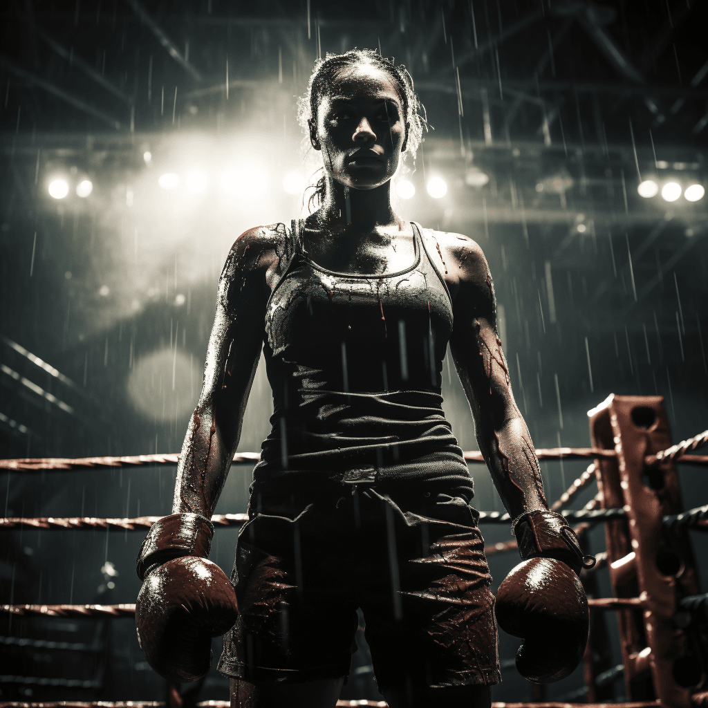 full body shot of a female boxer tense expression by midjourney