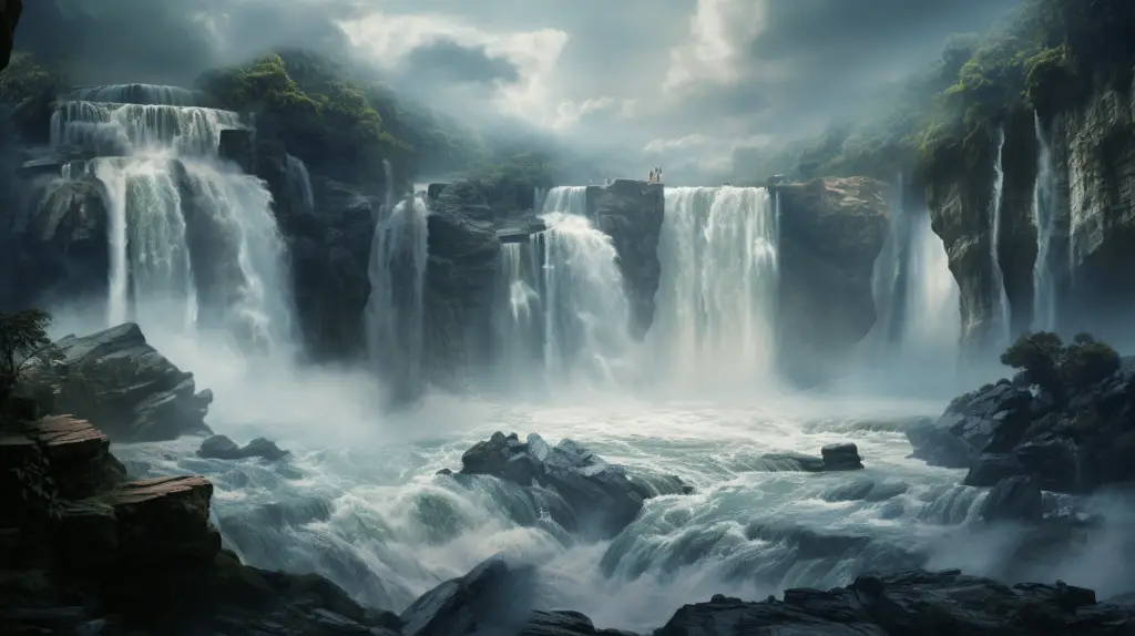 A majestic waterfall crashing into a lagoon by midjourney