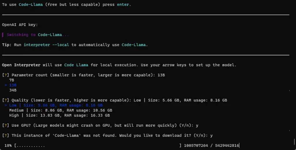 install code-llama for open code interpreter