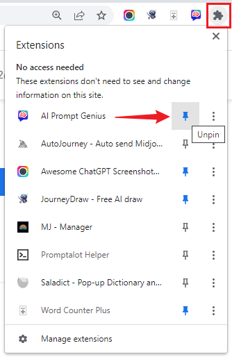 pin the ai prompt genius chrome extension