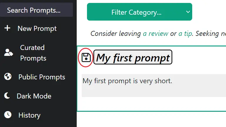 save a prompt in ai prompt genius