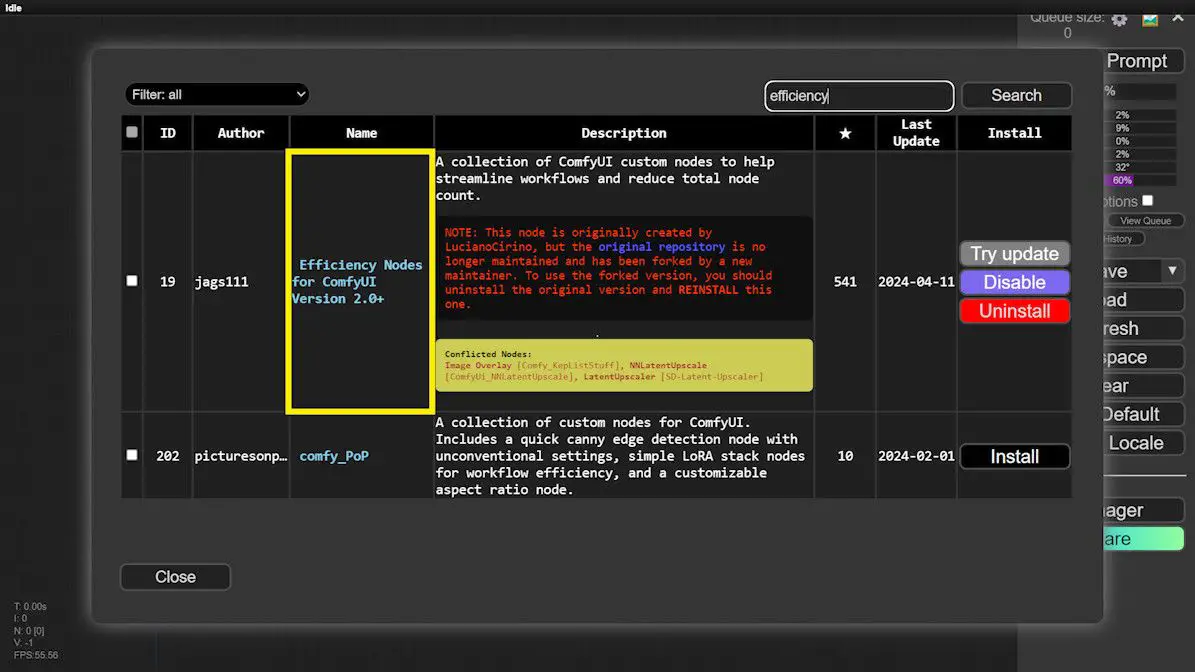 efficiency nodes in comfyui manager