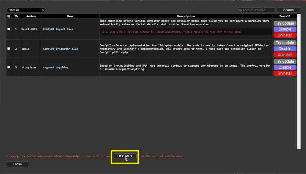 restart in comfyui manager