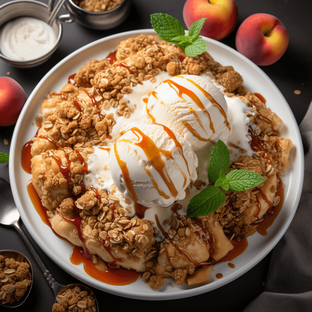 A flatlay photograph looking down on peach cobbler by midjourney