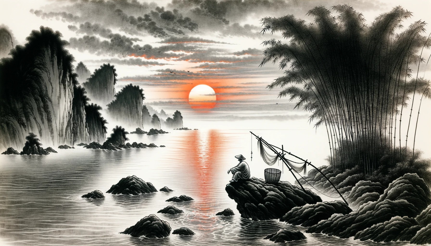 Chinese ink painting illustrating a picturesque coastal scene where the setting sun by dalle 3