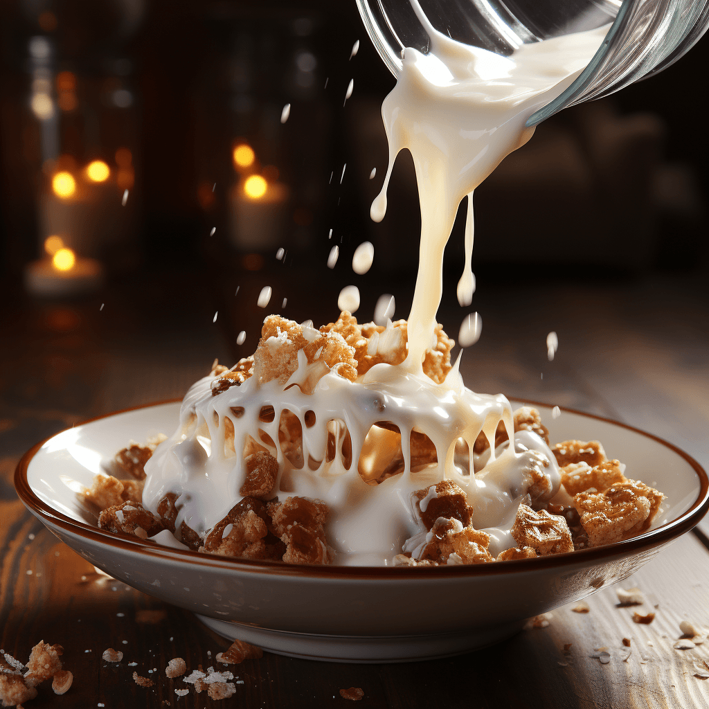 Milk being poured into a bowl of crunchy cereal by midjourney