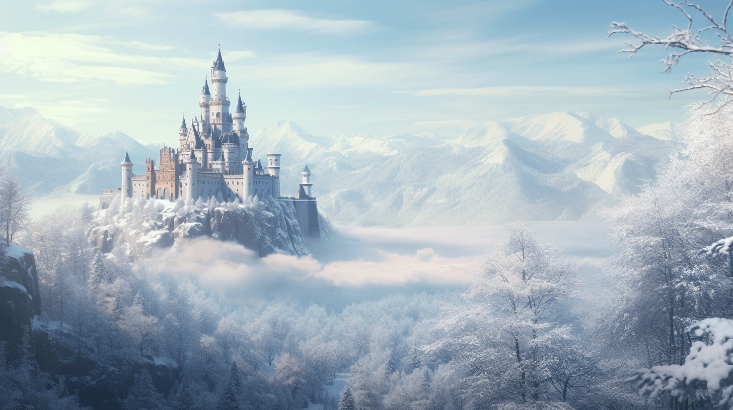 Neuschwanstein Castle turrets spires winter by midjourney