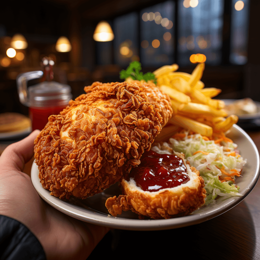 POV shot of eating a crispy fried chicken leg by midjourney