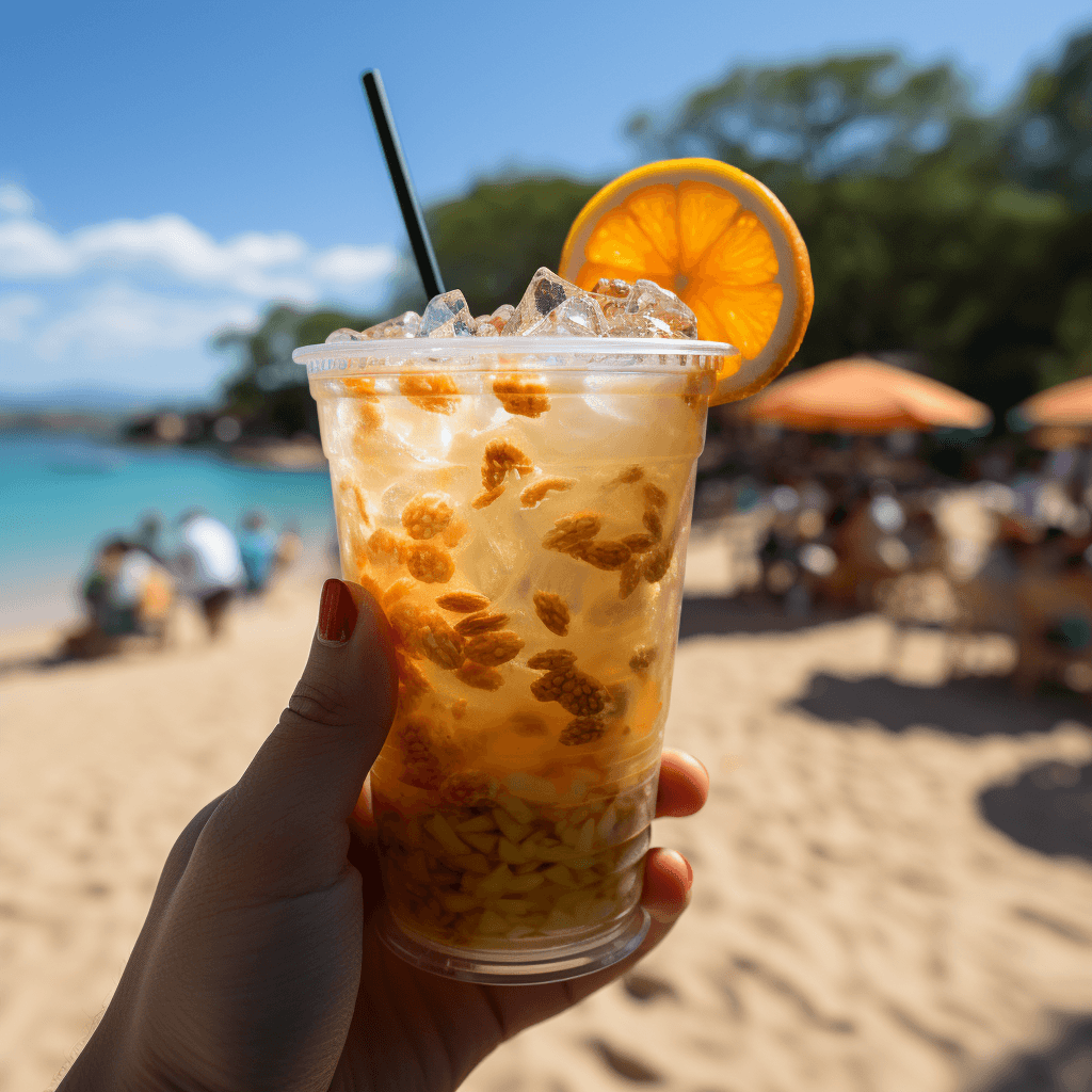 POV shot of holding a tropical cocktail by midjourney