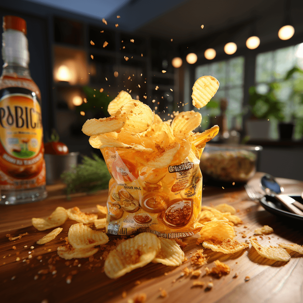 Potato chips bursting out of the packet mid-air by midjourney