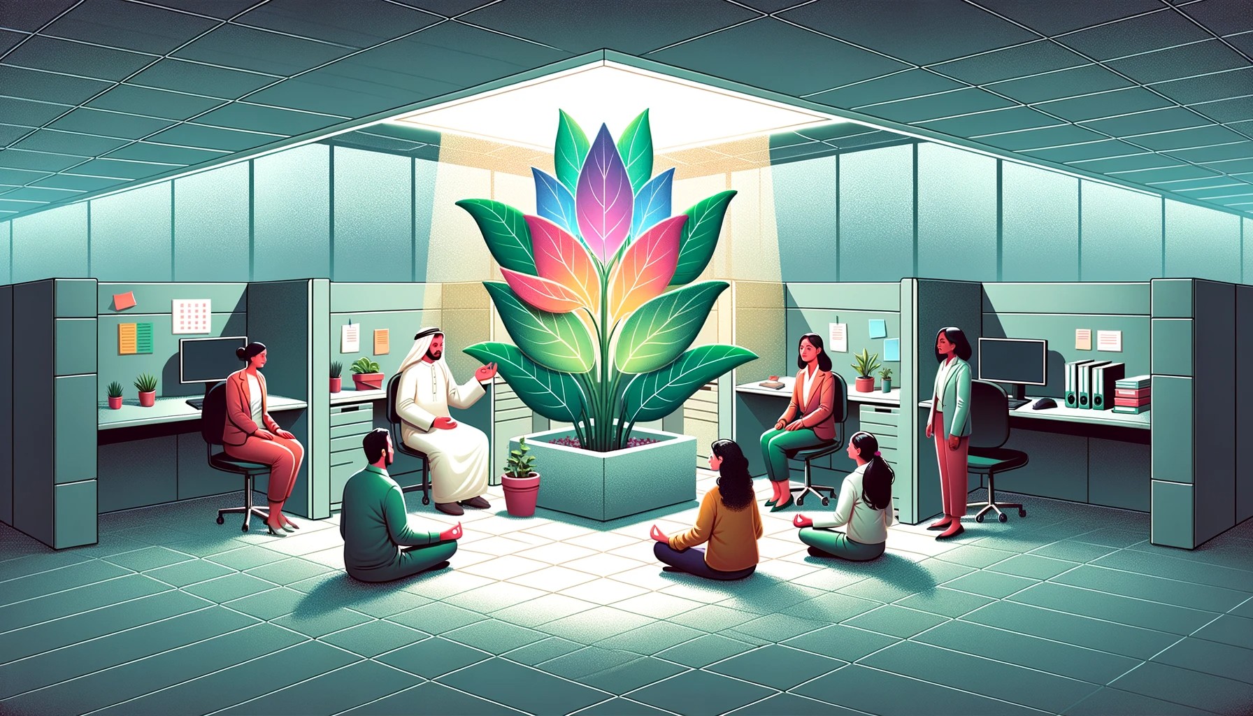 Wide illustration showcasing an office corner  by dalle 3