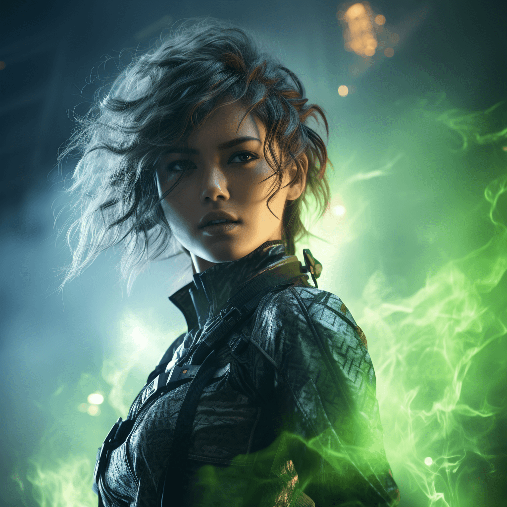 Woman in a futuristic attire neon green smoke by midjourney