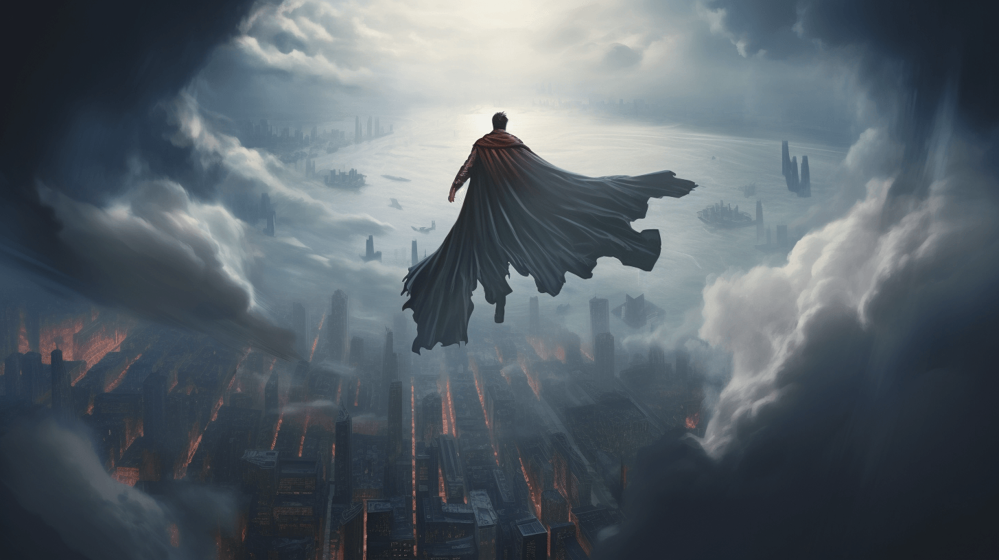 a superhero hovers in the air over a fog-filled by midjourney