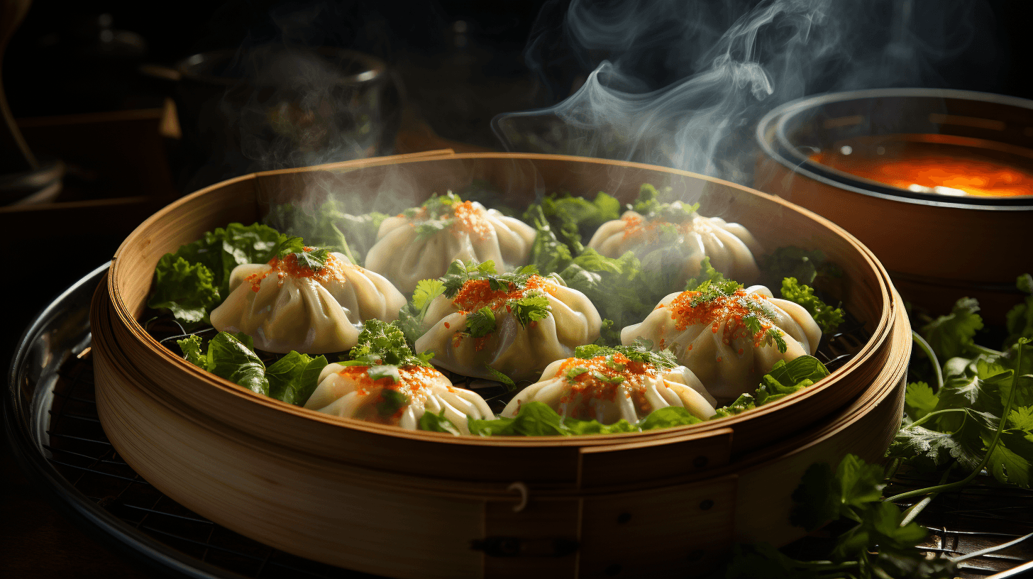 bamboo steamer opened to reveal dim sum tendrils by midjourney