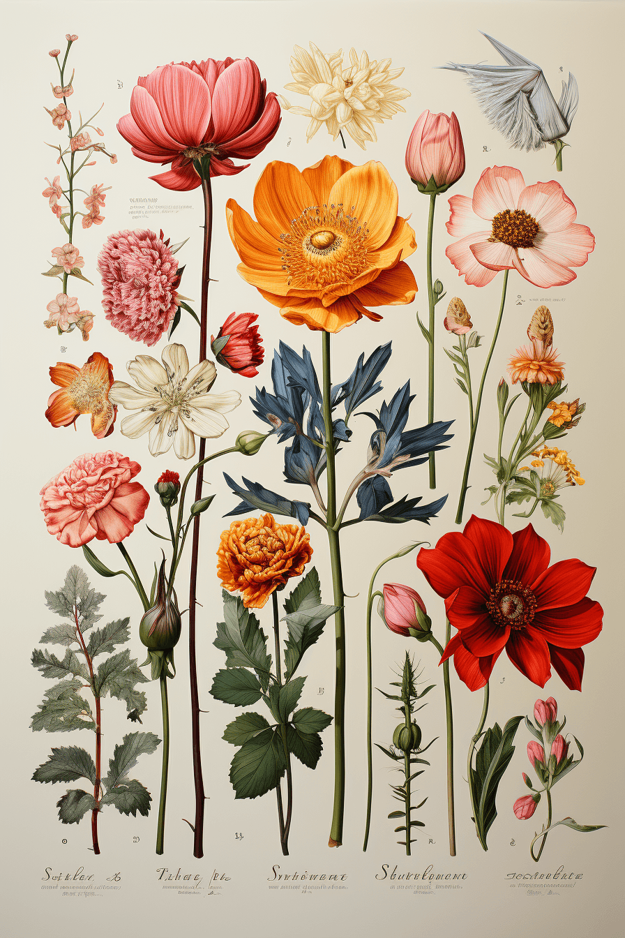 botanical illustration of flowers knolling by midjourney