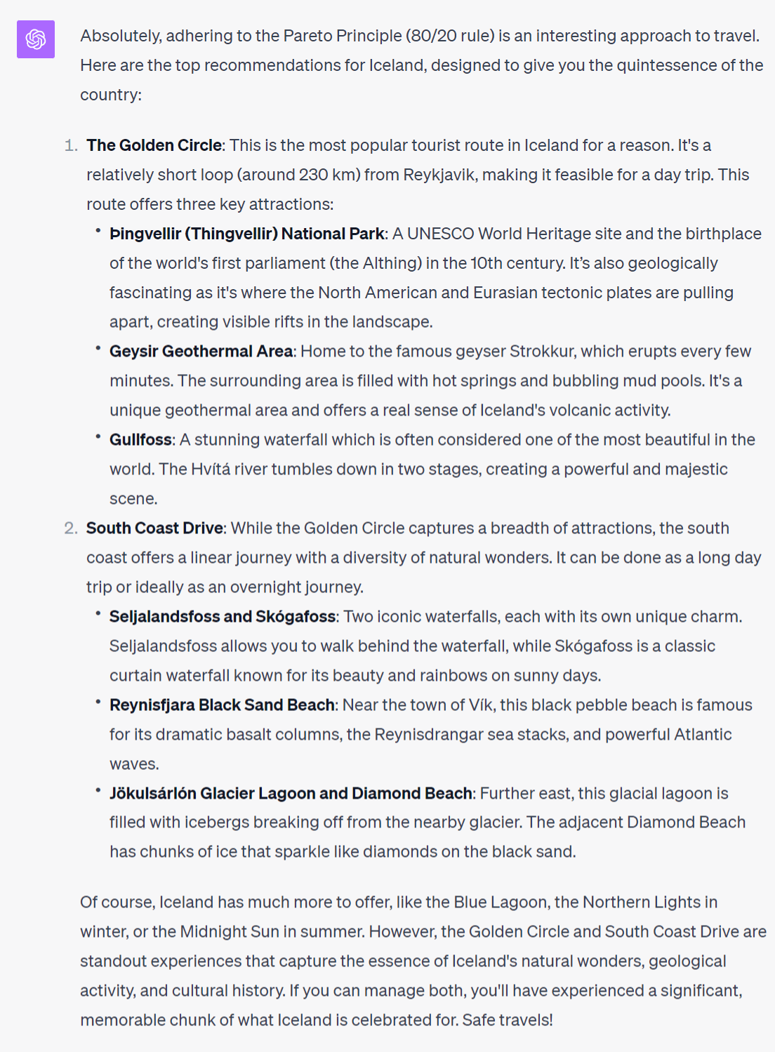 chatgpt pareto principle travel plan