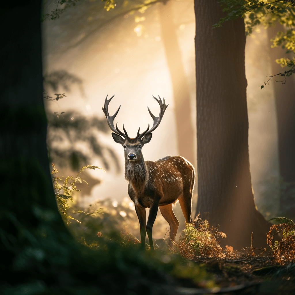 graceful deer dense forest edge morning mist by midjourney