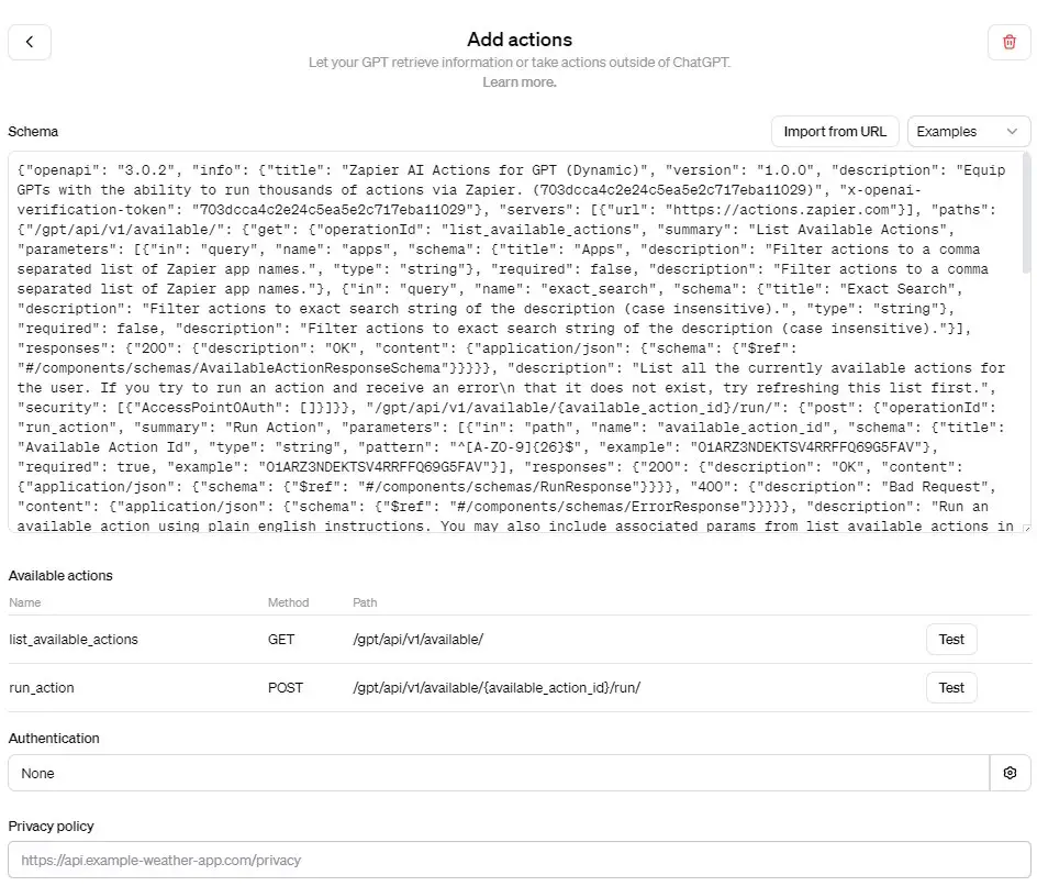 import schema url to custom gpts 3