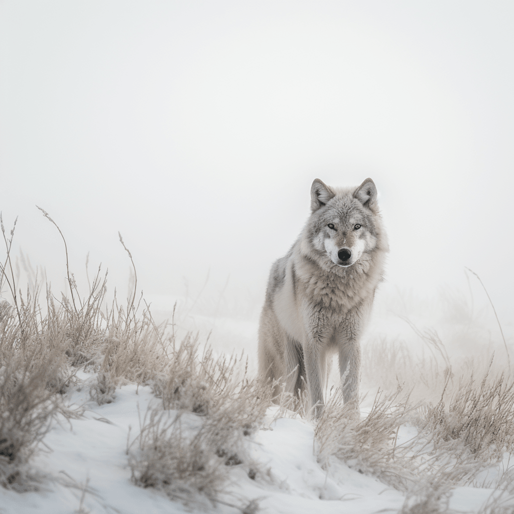 lone wolf snow-covered plain visible breath by midjourney