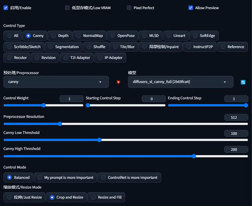 stable diffusion controlnet canny setting