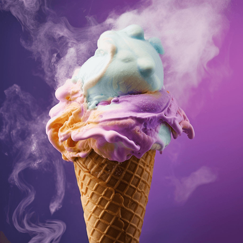 steam curls around Vanilla ice cream cone wisps by midjourney