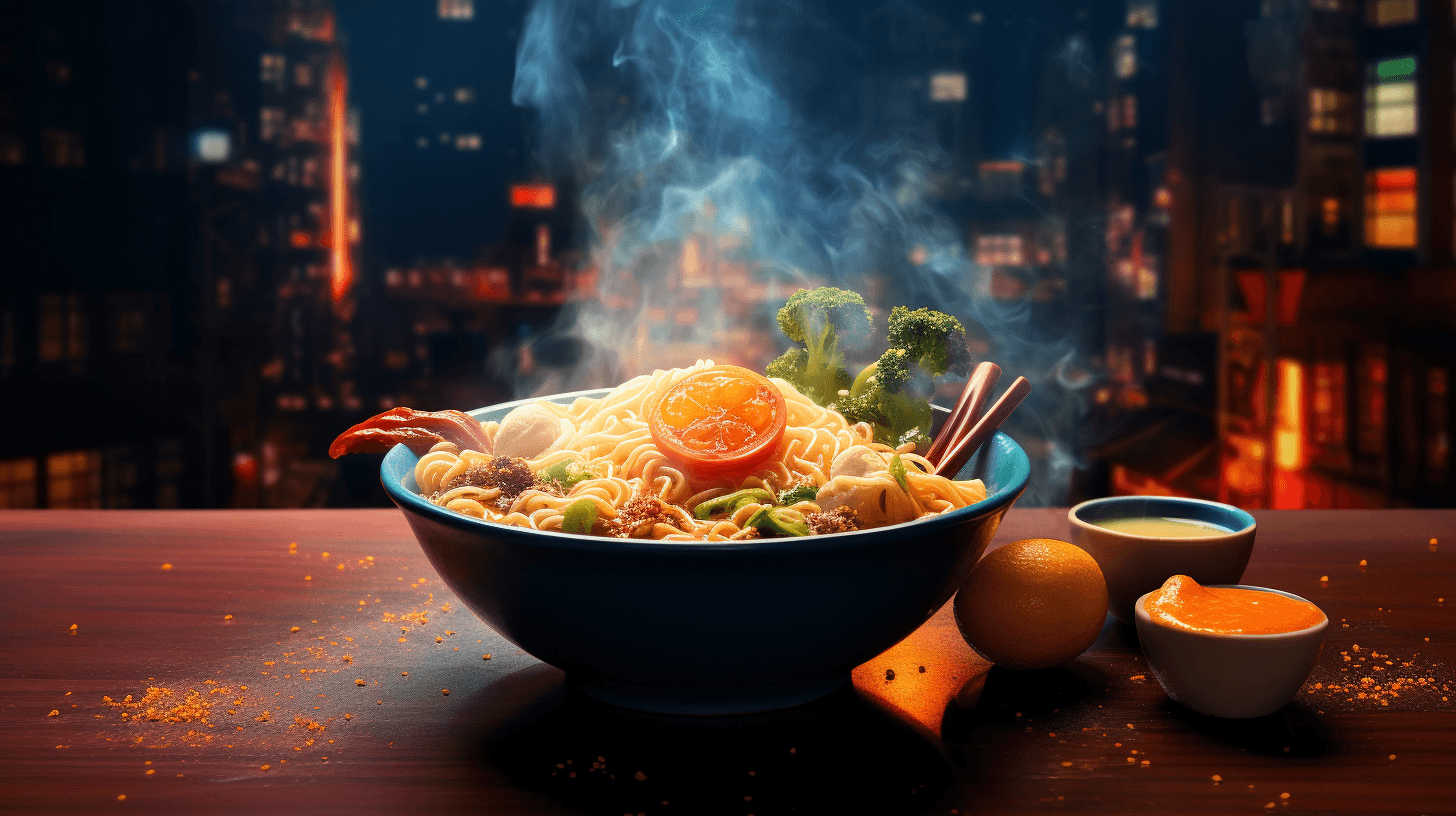 steam emerging from bowl of ramen with chopsticks by midjourney