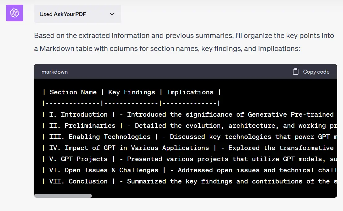 tabular summary chatgpt pdf prompt