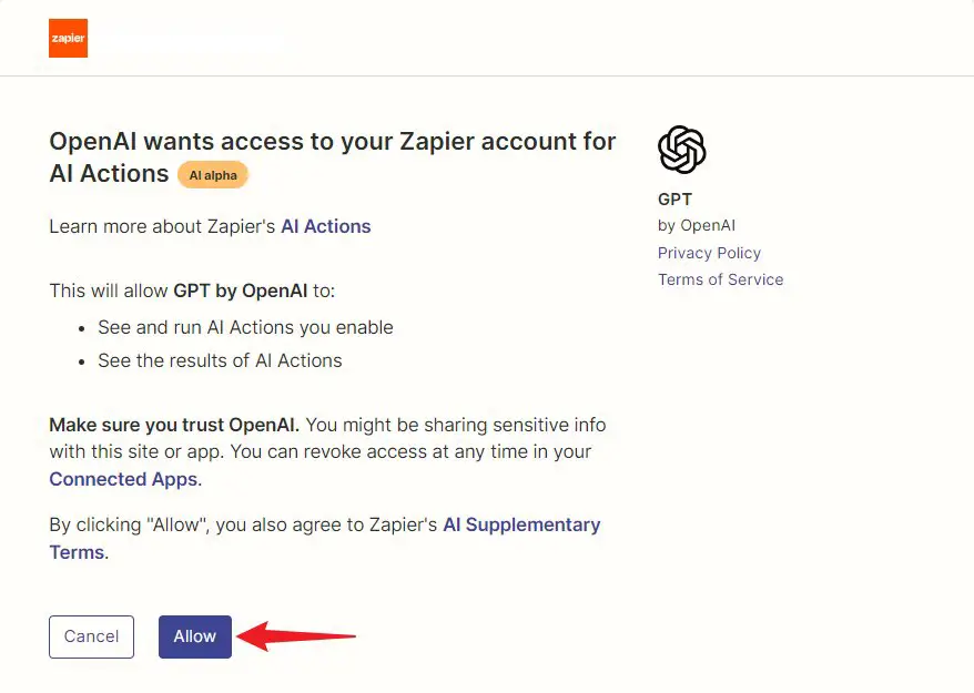 zapier action for openai authentication